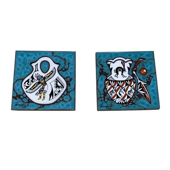 Cleo Teissedre Santa Fe Kachina on Vase Art Tile Trivet 1990 New Mexico set of 2 - Picture 1 of 8